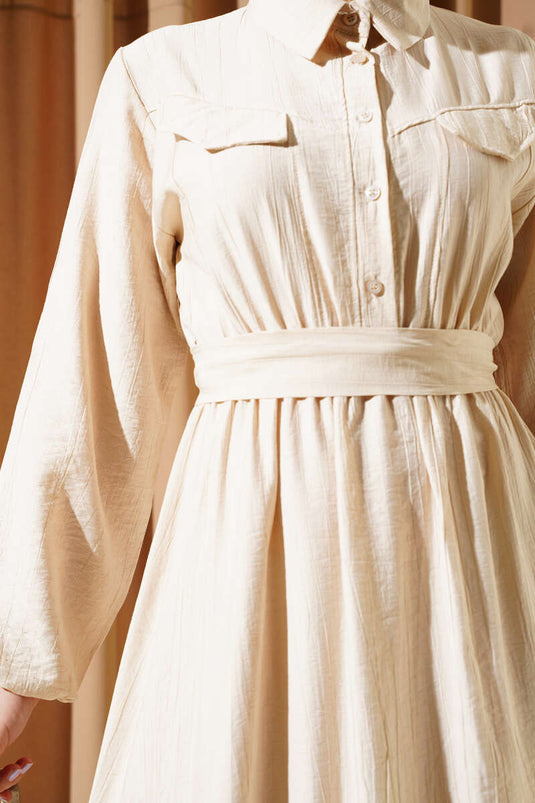 Elastic Waist Belted Pocket Flap Dress Beige