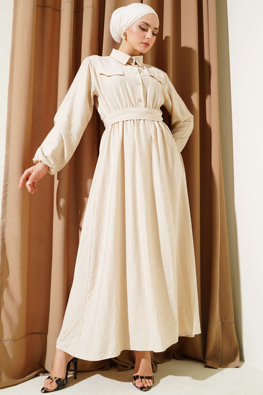 Elastic Waist Belted Pocket Flap Dress Beige