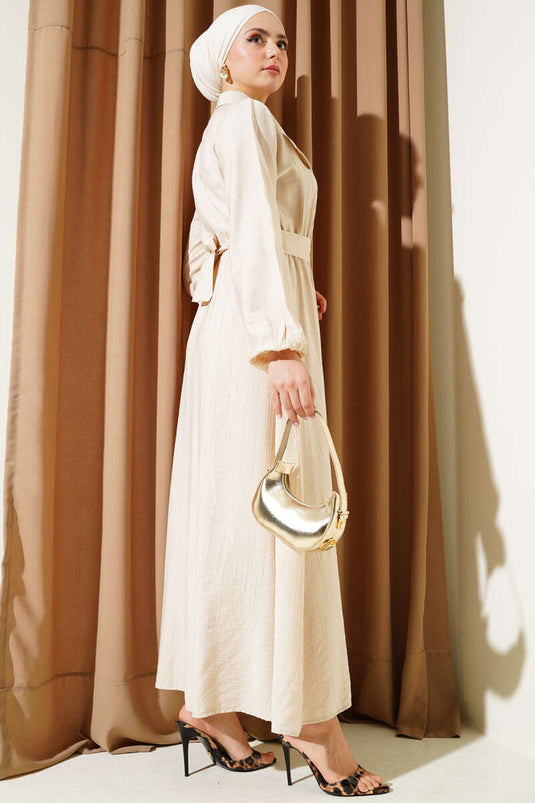 Elastic Waist Belted Pocket Flap Dress Beige