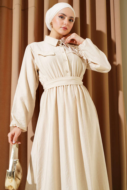 Elastic Waist Belted Pocket Flap Dress Beige
