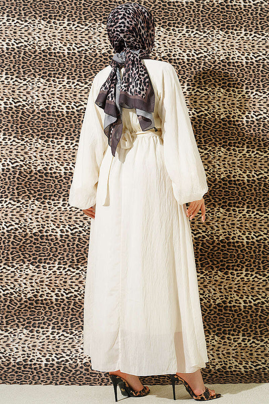 فستان بكشكش وحزام مطاطي بلون عاجي