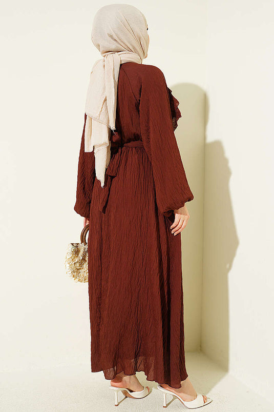 Robe à volants avec ceinture élastique marron
