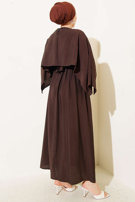 Belted Dress with Elastic Waist and Shoulder Cape Brown