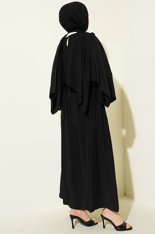 Belted Elastic Waist Shoulder Cape Dress Black
