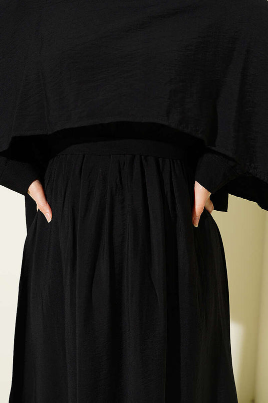 Belted Elastic Waist Shoulder Cape Dress Black