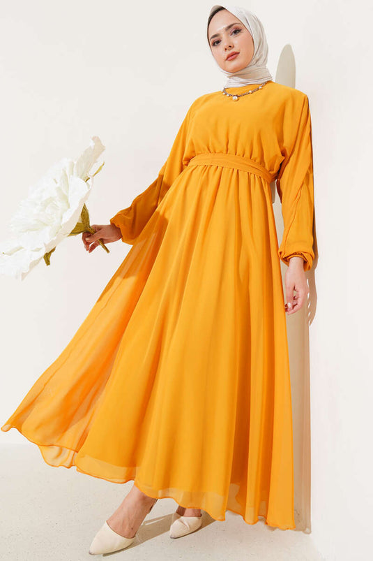 Bel Lastikli Kuşaklı Tül Elbise Hardal