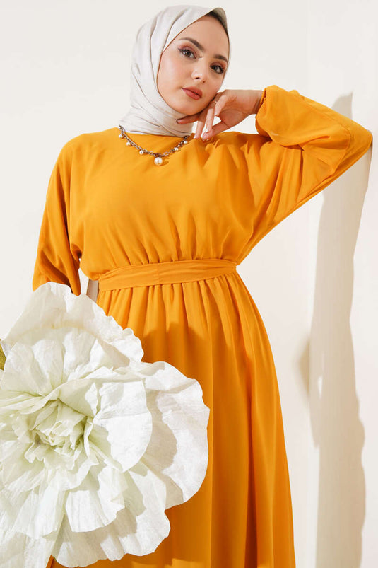 Bel Lastikli Kuşaklı Tül Elbise Hardal