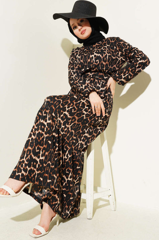 Bel Lastikli Leopar Desen Bürümcük Elbise Leopar