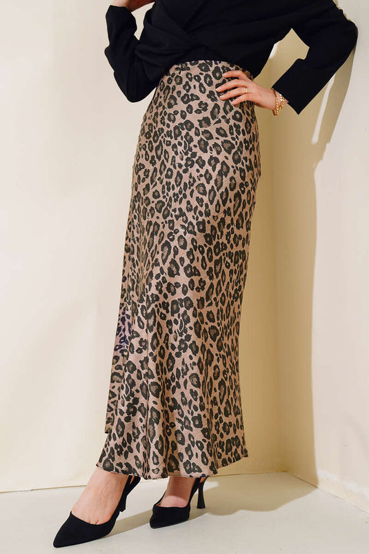 Elastic Waist Leopard Patterned Satin Skirt Mink