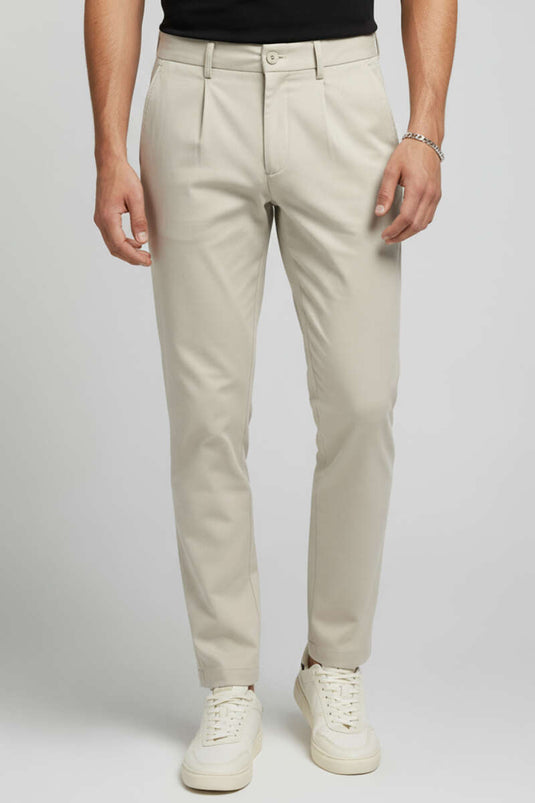 بنطال رجالي من الليكرا بحزام خصر مطاطي، بيج