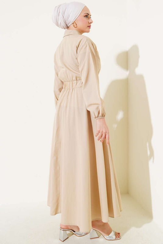 Beige Dress with Elastic Waist and Metal Buttons