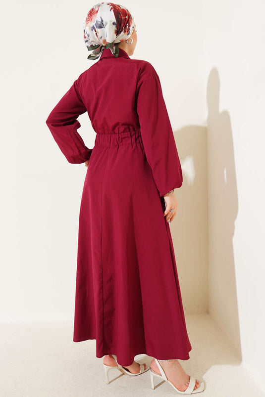 Elastic Waist Metal Button Dress Burgundy
