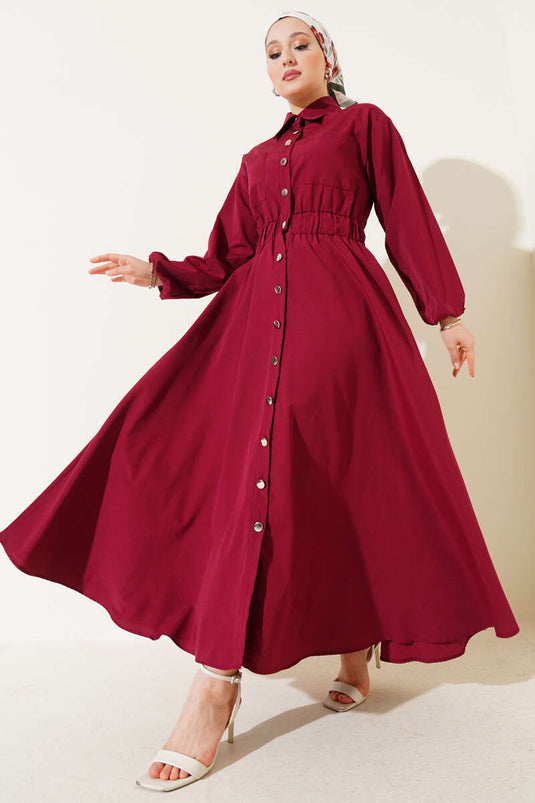 Elastic Waist Metal Button Dress Burgundy