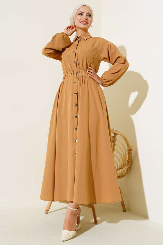 Dress with Bell Sleeves and Metal Buttons Camel