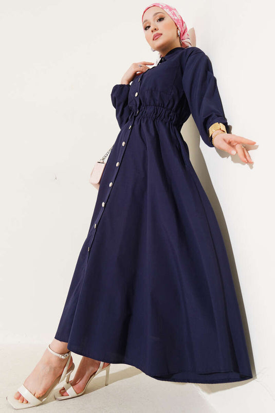 Elastic Waist Metal Button Dress Navy Blue