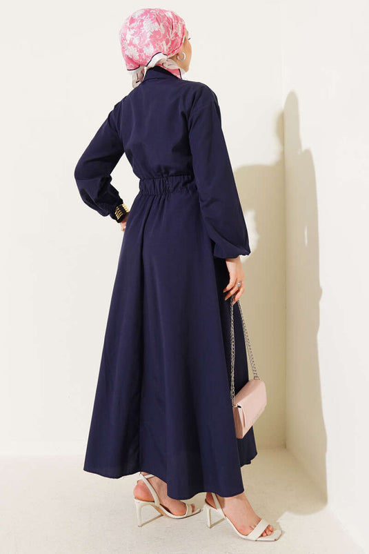 Elastic Waist Metal Button Dress Navy Blue