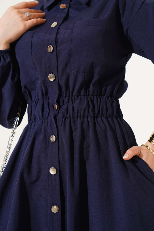 Elastic Waist Metal Button Dress Navy Blue