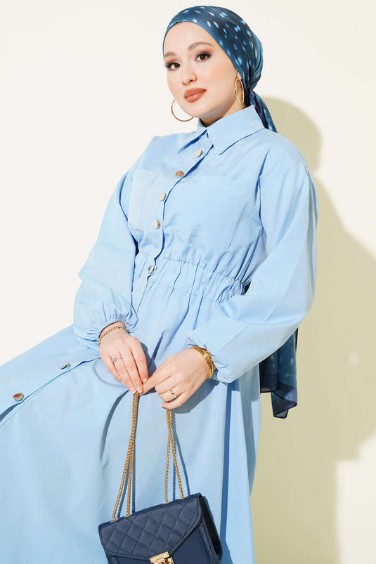 Dress with Bell Sleeves and Metal Buttons Blue