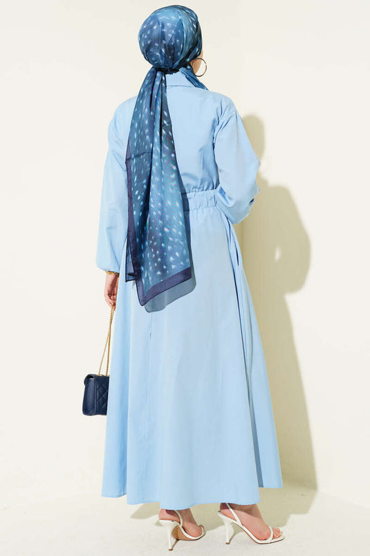 Dress with Bell Sleeves and Metal Buttons Blue