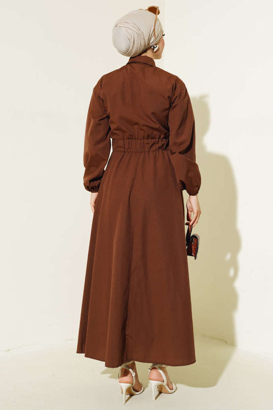 Dress with Bell Sleeves, Metal Buttons, and Elastic Waist, Cognac