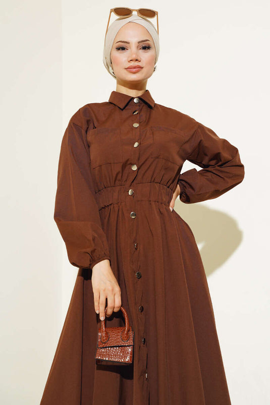Dress with Bell Sleeves, Metal Buttons, and Elastic Waist, Cognac