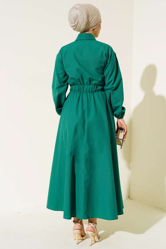 Dress with Elastic Waist and Metal Buttons Green