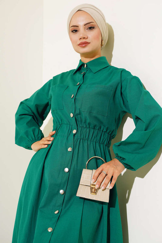 Dress with Elastic Waist and Metal Buttons Green