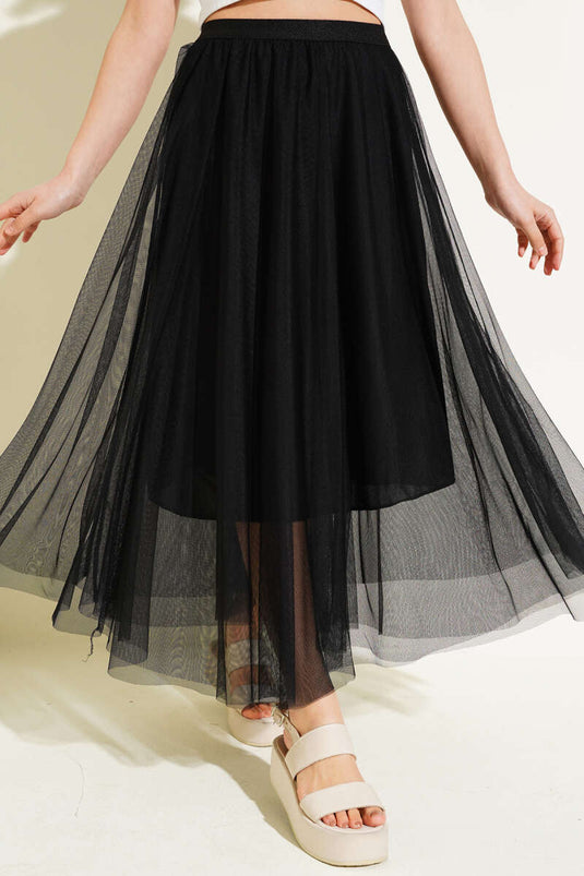 Schwarzer Midi-Tüllrock mit elastischem Bund
