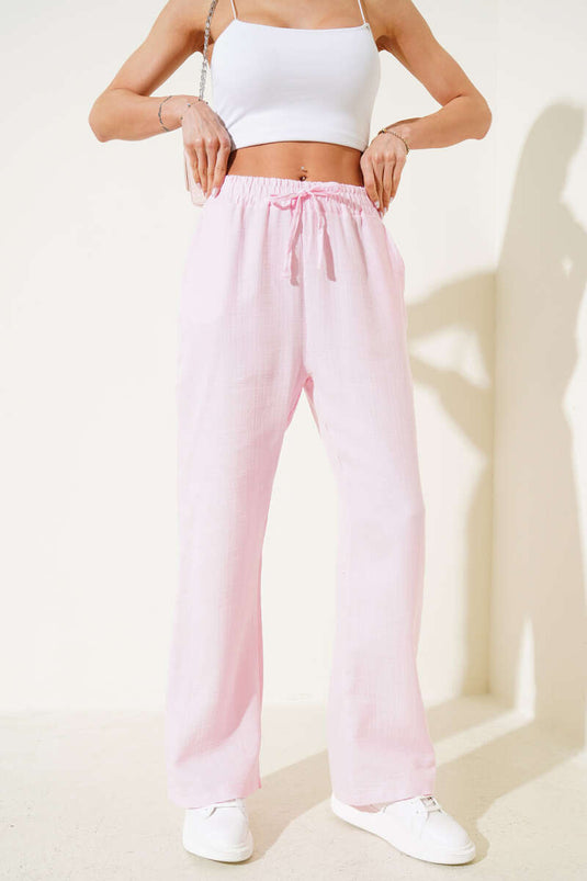 Elastic Waist Muslin Trousers Pink