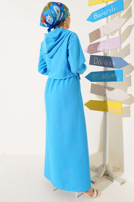 Blue Jacket Set with Elastic Waist and Front Tie