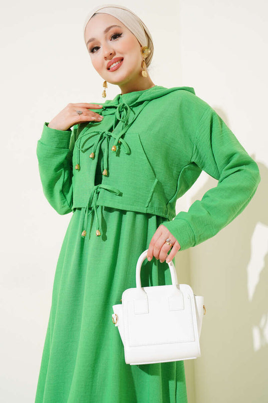 Set met jas en broek met elastische taille en strik aan de voorkant, groen