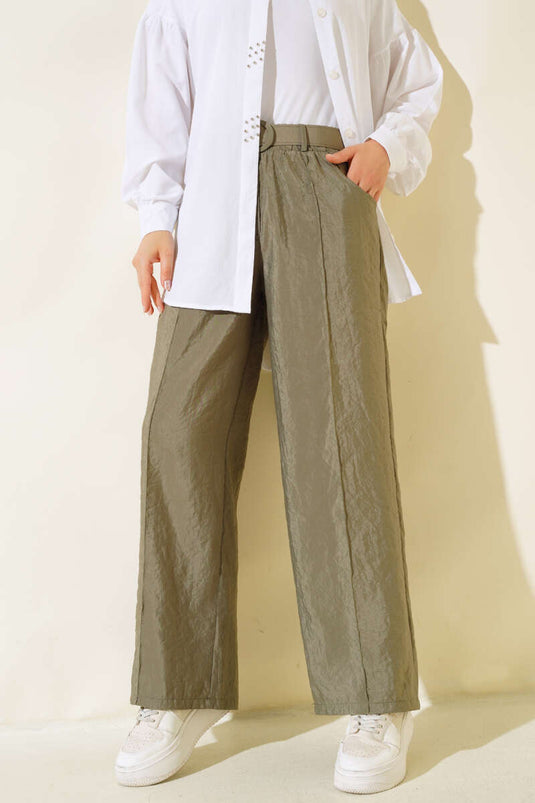 Belted Front Zipper Pants Khaki