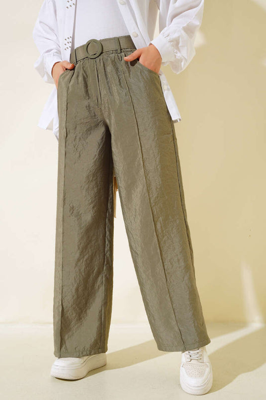 Belted Front Zipper Pants Khaki