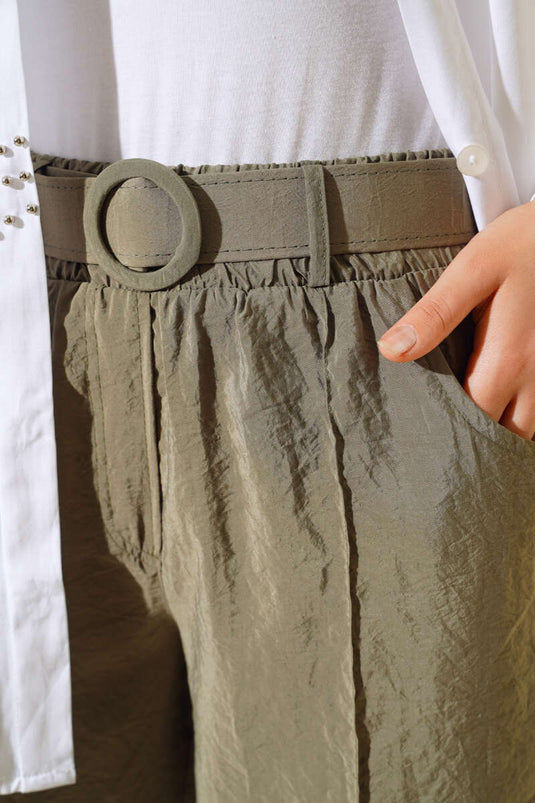 Belted Front Zipper Pants Khaki