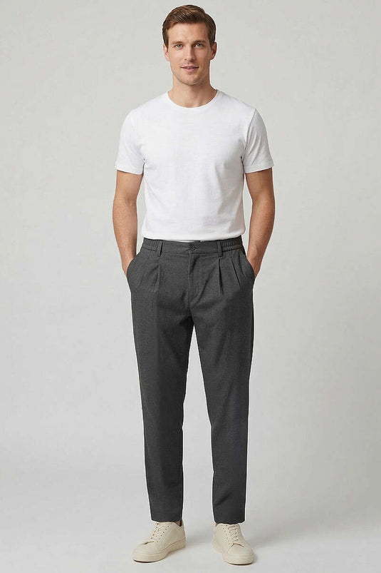 Men's Anthracite Pants with Elastic Waist and Front Pleats
