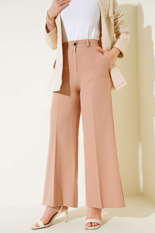 Bel Lastikli Palazzo Kumaş Pantolon Latte