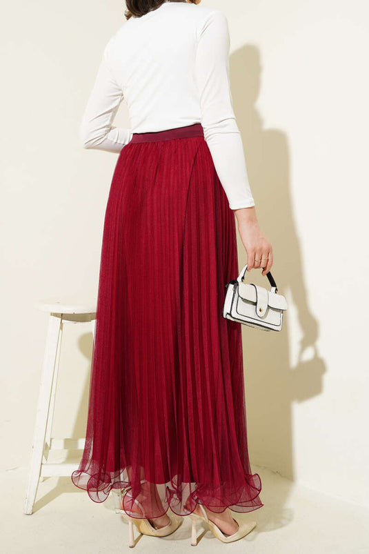 Jupe en tulle plissée à volants et taille élastiquée, couleur bordeaux