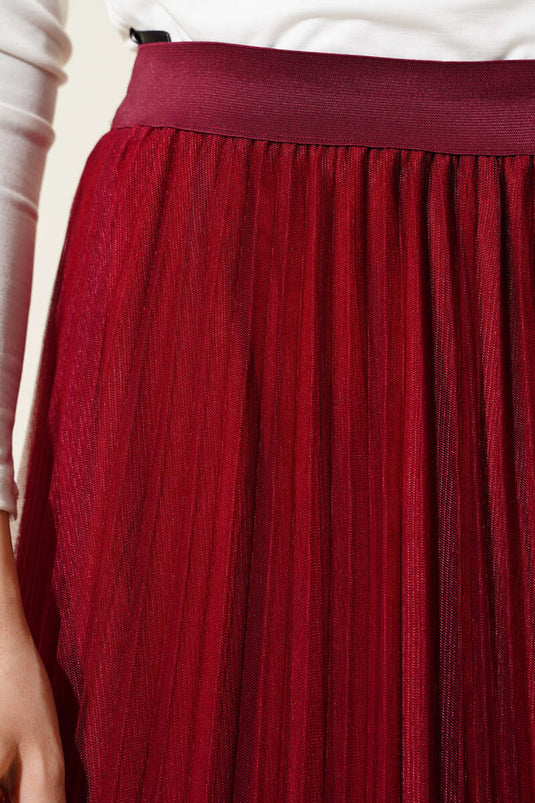 Jupe en tulle plissée à volants et taille élastiquée, couleur bordeaux