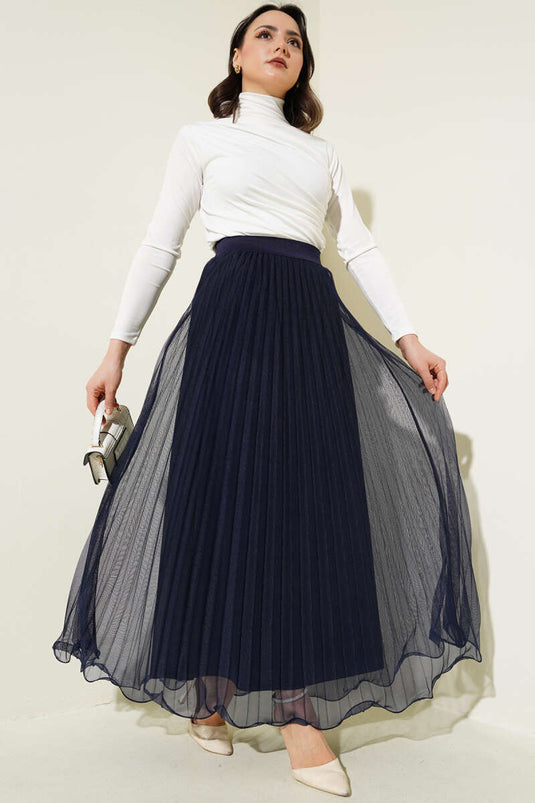 Jupe en tulle plissée à volants et taille élastiquée bleu marine