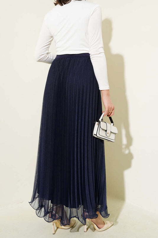 Jupe en tulle plissée à volants et taille élastiquée bleu marine