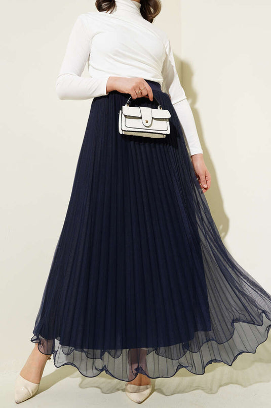 Plissierter Rüschenrock aus Tüll mit elastischem Bund, marineblau