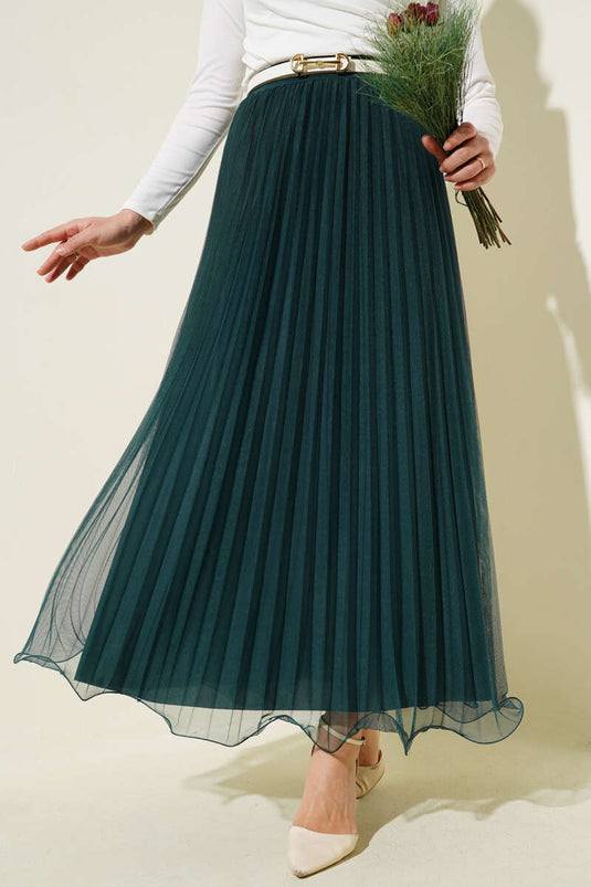 Bel Lastikli Pileli Fırfırlı Tül Etek Zümrüt