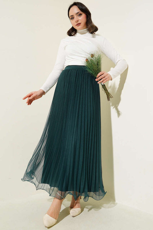 Jupe en tulle plissée à volants et taille élastique émeraude