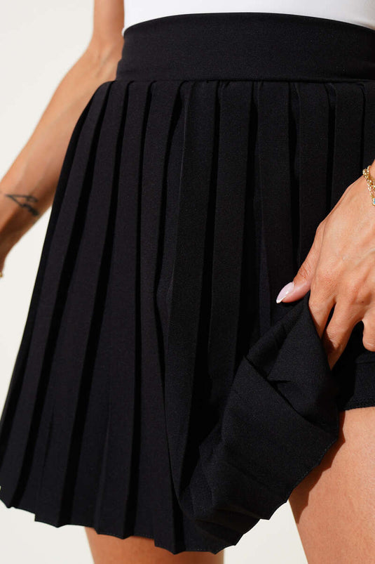Black Pleated Mini Short Skirt with Elastic Waistband