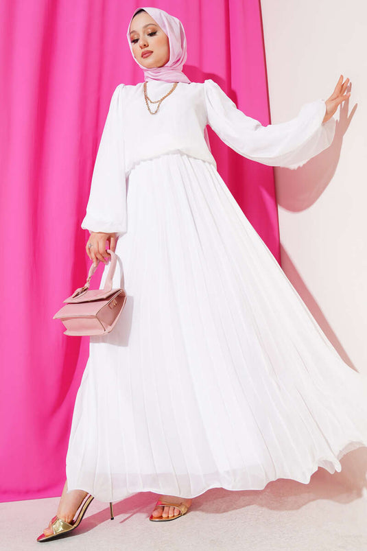 Bel Lastikli Pileli Şifon Elbise Beyaz