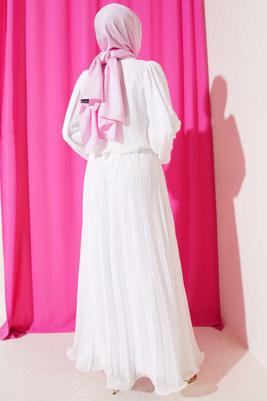 Bel Lastikli Pileli Şifon Elbise Beyaz