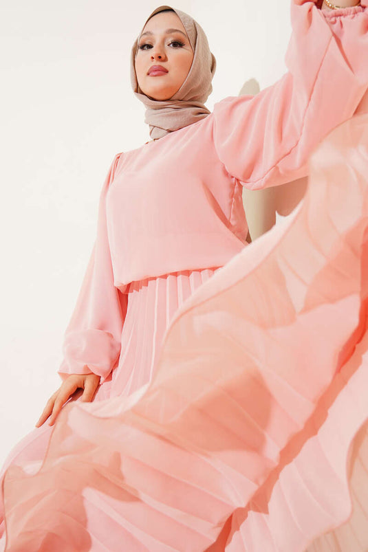 Bel Lastikli Pileli Şifon Elbise Somon