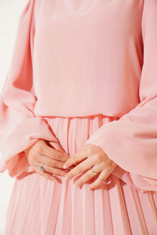 Bel Lastikli Pileli Şifon Elbise Somon