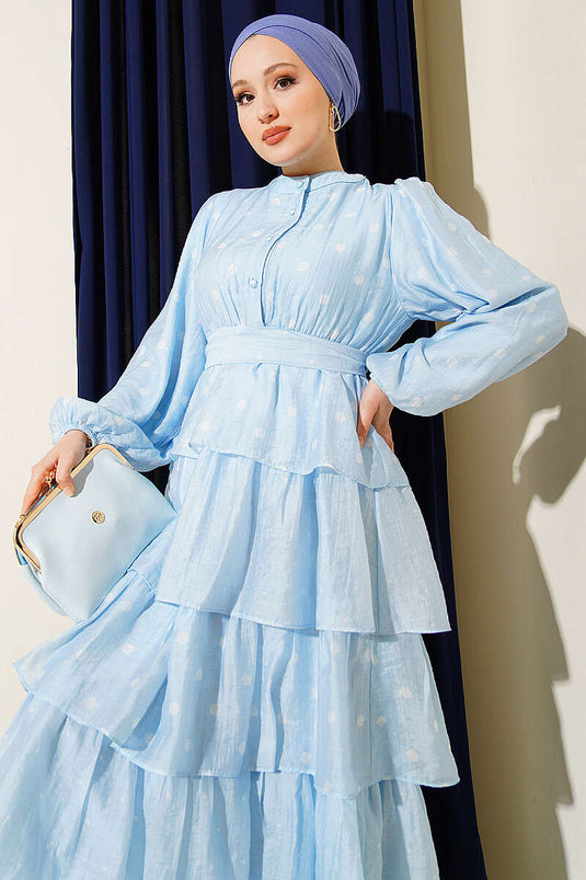 Belted Polka Dot Layered Dress Baby Blue