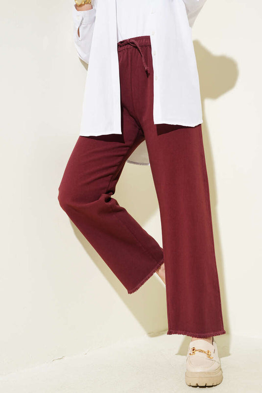 Elastic Waist Tassel Leg Gabardine Trousers Burgundy